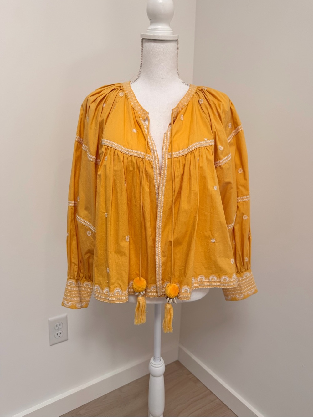 Zara Embroidered Boho Yellow Pom-Pom Top Size M